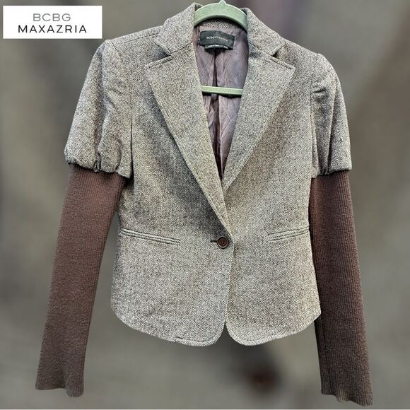 BCBG MaxAzria Women's Blazer Tweed Knit Sleeve Wool Silk Jacket Academia Y2K XS - Picture 2 of 10